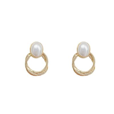 China light luxury women's East Korean lead-free nickel-free earrings minority simple design round door pearl retro earrings for sale