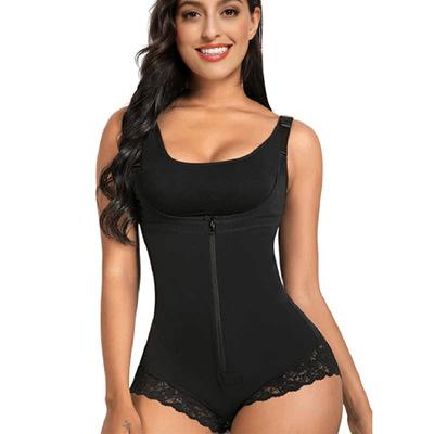 China Breathable Brazilian Black Open String Striped Body Shaper Corset Glue Full Crotch Lace Women Waist Trainer Vest With Zipper On Front Side for sale