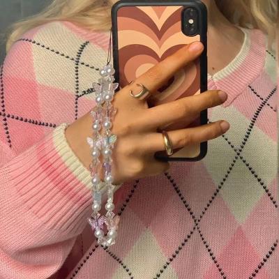 China Beautiful Cell Phone Case Multicolor 3D Crystal Butterfly Mobile Phone Chain Hanging Chain for sale