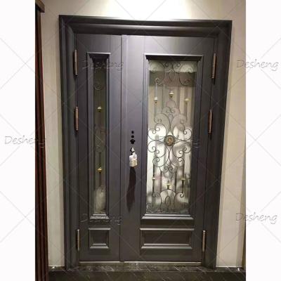 China Victorian High Quality Villa Customized Front Doors With Sidelight Wrought Exterior Large Iron Double Door for sale