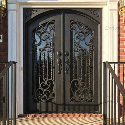 China New Traditional Luxury Wrought Iron Exterior Door Main Entry Iron Grill Door Designs Security Double Main Doors for sale