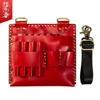 China Viable Detachable Red Pet Scissors Bag Chose Large Capacity Cowhide Hairdressing Tools Storage Bag 10 Pieces Leather Bag for sale