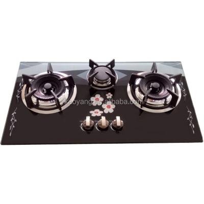 China Household Kitchenware Tempered Glass Triple Burner Built In Enamel Gas Cooker Hob for sale