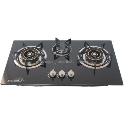 China High Quality Hotel Tempered Glass 3 LPG Burner Built In Gas Cooktop For Cooking for sale