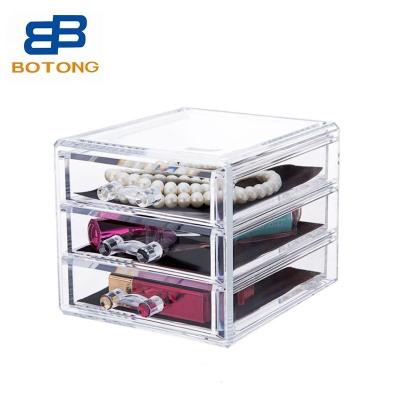 China Stackable Countertop Acrylic Cosmetic Case Box 3 Drawers Display Storage Makeup Organizer Jewelry Organizer PS Factory Vanity for sale