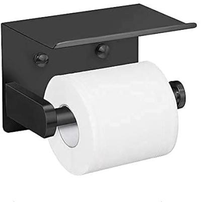 China Modern Self Adhesive Toilet Paper Holder With Phone Shelf SUS 304 Stainless Steel Toilet Paper Roll Holder Wall Mounted Black for sale