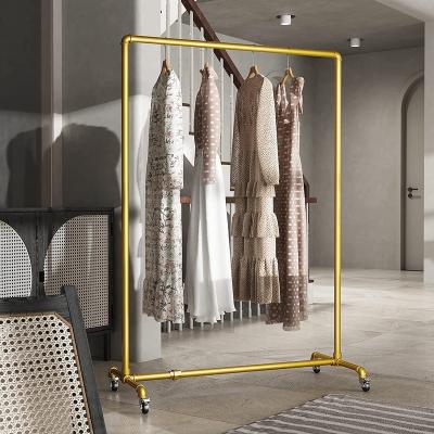 China Industrial Pipe Glod Clothing Rack With Wheels On Wheels Heavy Duty Garment Racks, Clothes Display Rack Retail - Golden Gold for sale