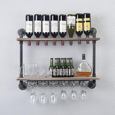 China Other Industrial Rustic Wall Mounted Wine Racks With Rack Glass Pipe Wine Rack 2-Tiers Wooden Shelf Hanging Floating Shelves for sale