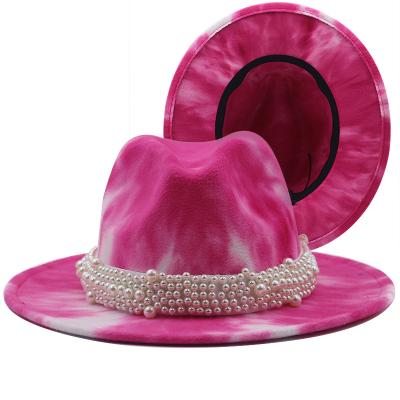 China Plush Fashion Tie Dye Wide Brim Wool Fedora Hats For Women Festival Party Hats Two Tone Panama Hats With Pearl Belt Buckle for sale