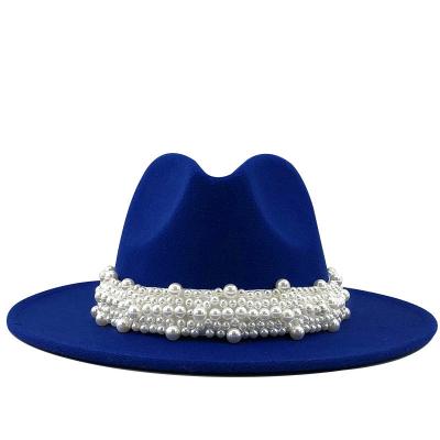 China Wholesale Plush 2021 Fashion Wool Felt Wide Brim Fedora Hats Women With Pearl Beach Fedora Church Party Hats Jazz Panama Hats for sale