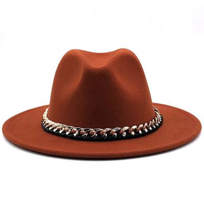 China 2021 Wholesale Designer Beach Church Party Hats Womens Mens Wide Brim Felt Panama Fedora Hats With Metal Chain Belt Buckle for sale