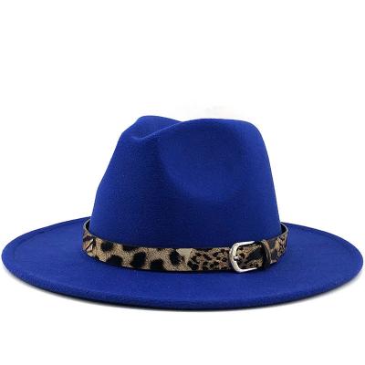 China Cheap Wide Plush Brim Women Felt Fedora Panama Hats With Leopard Belt Buckle Men Felt Jazz Party Hats Fedora Hats Women Church And for sale