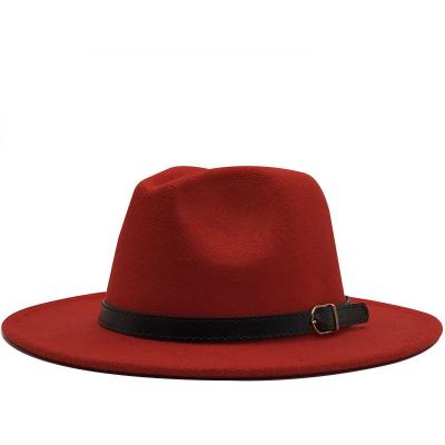 China Unisex Plush Faux Wool Felt Wide Brim Fedora Hats For Women Dress Cowboy Hats For Men Beach Church Panama Hat With Leather Belt Buckle for sale