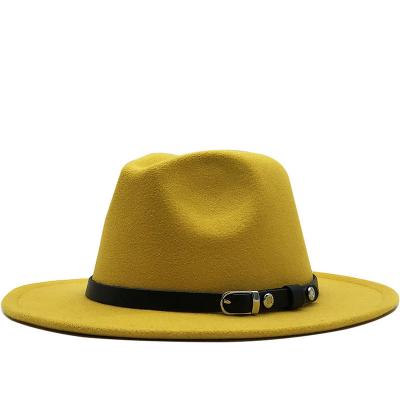 China Wholesale Plush Classic Patchwork Wide Brim Women Wool Felt Fedora Hats With Belt Buckle Leather Strap Panama Hat For Women Men for sale