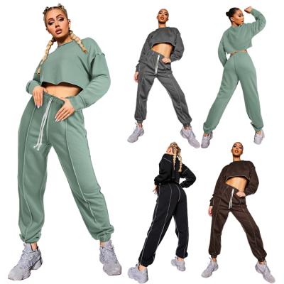 China Autumn Breathable Clothing For Women Jogging Suit Solid Color Crop Gear Long Sleeve Two Piece Pants Casual Tracksuit Match Set J12491 for sale