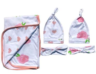 China 5 Piece PORTABLE Blanket, Hat & Headband Collection Baby Pink Peony & Heart, White for sale