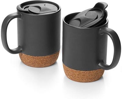 China Viable 15 Ounce Set of Two Ceramic Coffee Mugs with Insulated Splash Proof Cork Bottom and Lid Matte Gray Tea Cups Mug Set for Coffee for sale