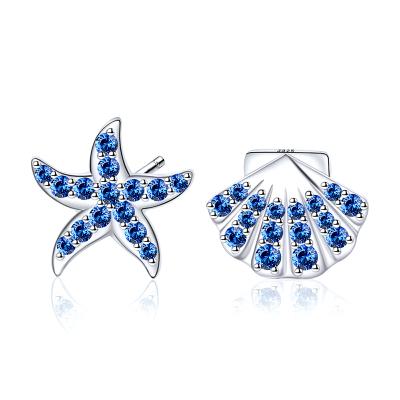 China FASHIONABLE hot sale quality 925 sterling silver blue zircon starfish shell asymmetrical stud earrings for women for sale