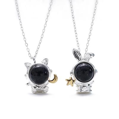 China Cute Animal Hot Sale Two Tone Plating Necklace Stoneware Rabbit Cat Astronaut Blue Moon Star Necklace For Girls Gift for sale