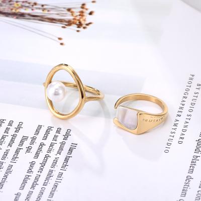 China High Polished Wholesale Hot Sale Irregular Shape Pearl Shell Gold Titanium Steel Ring for sale