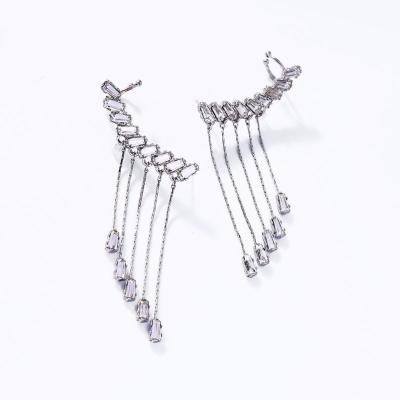 China Elegant Shiny Silver Wings Korea CZ Large Tassel Earring 925 Needle Exaggerated Tassel Earrings For Women for sale