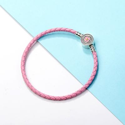 China High 925 Wholesale Polished Sterling Silver Pink Braided Enamel Leather Snake Rope Chain Bracelet For Women Gift for sale