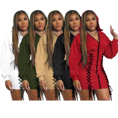 China 2021 fashion casual wear breathable sexy club lace up long sleeve zipper decorative hooded dress for women for sale