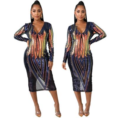 China 2021 Autumn Women's Fashion Night Club Sequin Dress Breathable Geometric V-Neck Long Sleeve Sexy Club Dress for sale