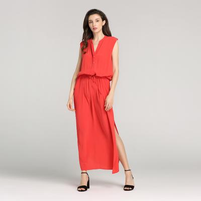 China 2021 16MM CDC 100%SILK Women's Smart Red Sleeveless V-Neckline Long Elegant Dress Anti-Static Hot Mockups for sale