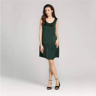 China Anti-static popular in Europe and America dark green silk satin sleeveless ladies dress with picot edge for sale