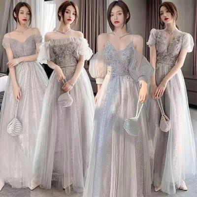 China Elegant Gray Bridesmaid Women Dresses Evening Party Prom 2021 New Long Sleeve Anti-Static Wear Dresses For Women Dress for sale