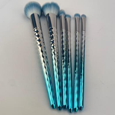 China Angular Blush OEM Customized Cosmetic Make Up Tool Silver And Blue Handle Makeup Brush Set 6Pcs for sale