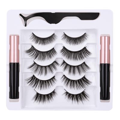 China Long Natural Mink Lashes Magnet Eyeliner 3d Magnetic False Eyelashes Set 5 Pairs Magnet Lashes for sale