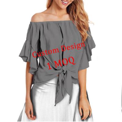 China Anti-pilling Printing Ladies Chiffon Tops or Custom Made Women Blouse Off Shoulder T-shirt for Women Summer Women Sexy Bow Tie Front Tops for sale