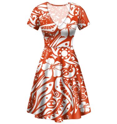 China Sexy Micronesian Plumeria Midi Dress Anti-Static Women Casual Dresses A Knee-Length Dress Casual Short Sleeve Summer Vestidos V-Neck Line for sale