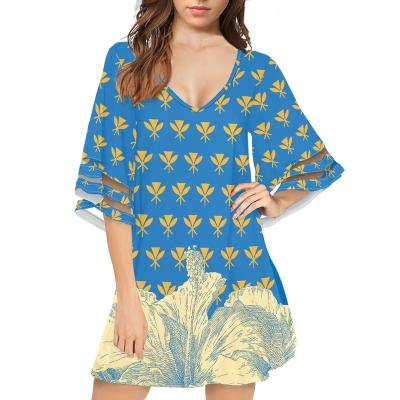 China Kanaka Maoli Flower Hibiscus Design Women Anti-Static Tribal Dresses Summer V-Neck Beach Front Chiffon Casual Dress With Half Sleeve for sale