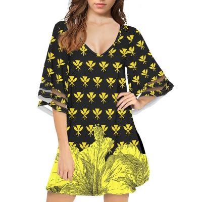 China Women Anti-Static Dresses Summer Kanaka Maoli Flag And Hibiscus Flower Design Chiffon Casual Skirt Cover Up Half Sleeve Mini Dress for sale