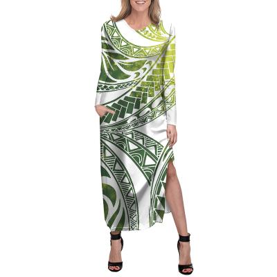 China Maxi Elegant Women Dresses Polynesian Anti-wrinkle Tattoo Pattern Tribal Floral V-Neckline Side Split Long Dresses Plus Size Dress Vestidos for sale