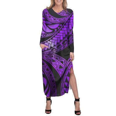 China Hawaiian Tribal Purple V-neck Long Sleeve Maxi Dress Casual Vestidos Long Sleeve Anti-wrinkle Tattoo Fashion Sexy Side Split Dresses for sale