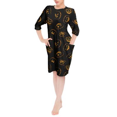 China Halloween Pumpkin Pattern Designer Tshirt Dress Autumn Casual Loose Pockets Nightgowns Tunic Dress Anti-Static Long Sleeve Knee Length for sale