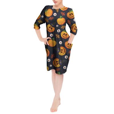 China Halloween Fall O Anti-Static Pumpkin Printed Neck Long Sleeve Loose Nightgowns Plus Size Casual Pencil T-shirt Dress With Pockets Knee Length for sale