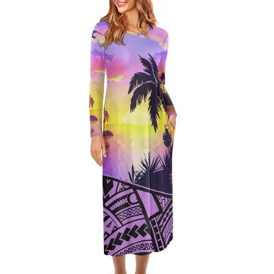 China Anti-Static Polynesian Tribal And Tropical Tree Pattern Casual Long Sleeve Dresses Maxi Loose Dress With Pockets Womens Dresses Clothes for sale