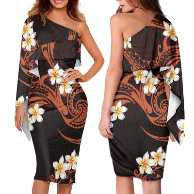 China Lastest Anti-Static Ladies Dress Design One Shoulder Hawaiian Plumeria Flower Tattoo Sleeveless Club Party Fashion Bodycon Dress for sale