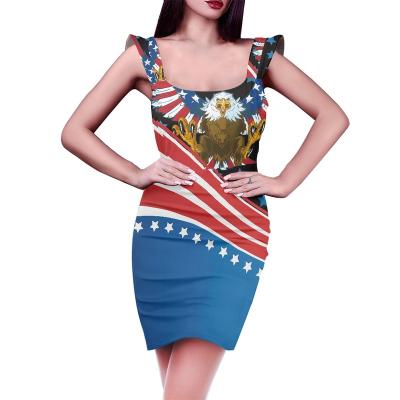 China Ladies Anti-Static Dresses Printing Casual Sexy American Flag Scoop Neck Ruffles Club Sleeveless Mini Bodycon Dresses Summer Tank Dress for sale