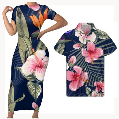 China Anti-Static Hibiscus Flower Pattern Suit Dress Women For Wedding Couples Matching Bodycon Sleeve Evening Short Casual Dress Shirt S-4XL for sale