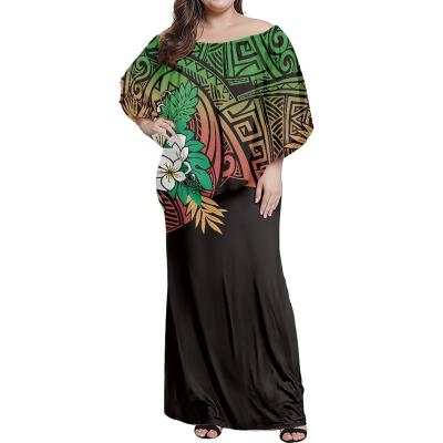 China Anti-Static Women's Club Dresses Design Samoan Tribal Plumeria Pattern Plus Size Off The Shoulder Ruffle Long Dress Floral Party Dress for sale