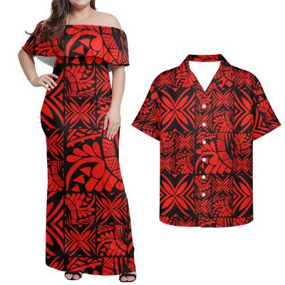 China Matching Polynesian Print Summer Set Anti-static Red Tribal Couples Samoa 2 Piece Women's Nightgown Evening Party Prom Dress Match Shirt for sale