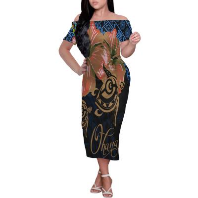 China Custom Anti-Static Polynesian Turtle Hibiscus Flower Pattern Summer Casual Dress Off Shoulder Office Bodycon Midi Cocktail Dresses for sale