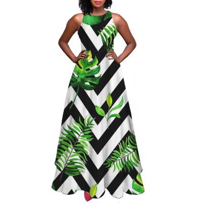 China Anti-Static Monstera Stripe Women Party Pleated Sleeveless Sundress Summer Beach Casual Long Swing Tropical Print Dress With Pockets for sale