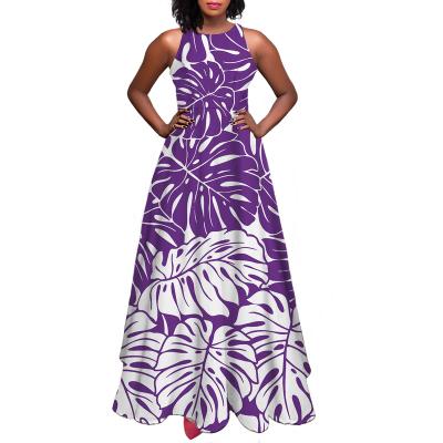 China Anti-Static Purple O-Neck Monstera Leaf Sleeveless Bohemian Floral Maxi Dress With Loose Pockets Lady Casual A Line Summer Dresses for sale